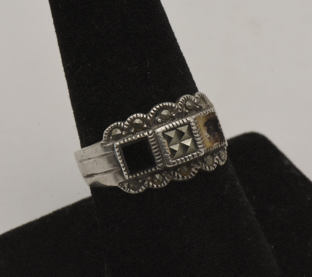 Vintage Art Deco Sterling Silver Black Onyx and Marcasite Ring - Size 8.5 - MISSING STONE