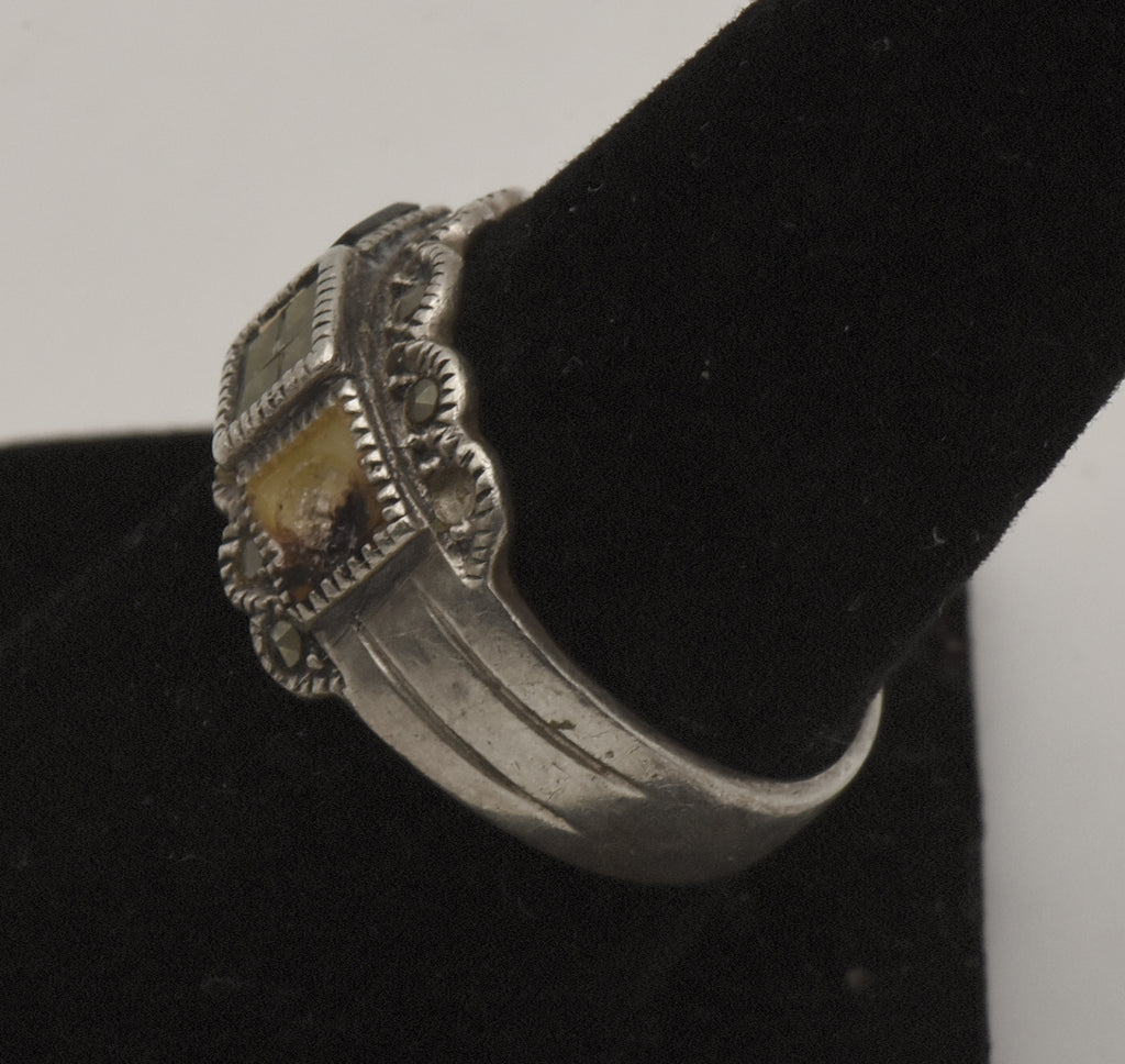 Vintage Art Deco Sterling Silver Black Onyx and Marcasite Ring - Size 8.5 - MISSING STONE