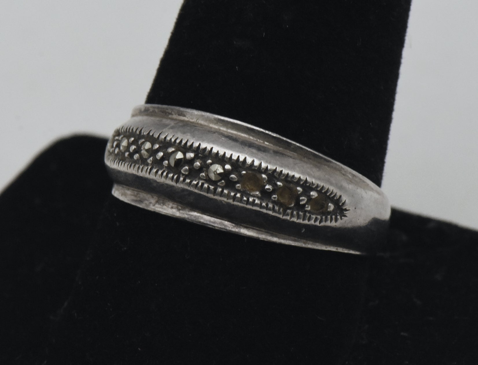 Vintage Sterling Silver Marcasite Domed Band - Size 10