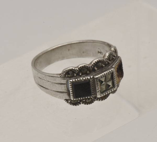 Vintage Art Deco Sterling Silver Black Onyx and Marcasite Ring - Size 8.5 - MISSING STONE