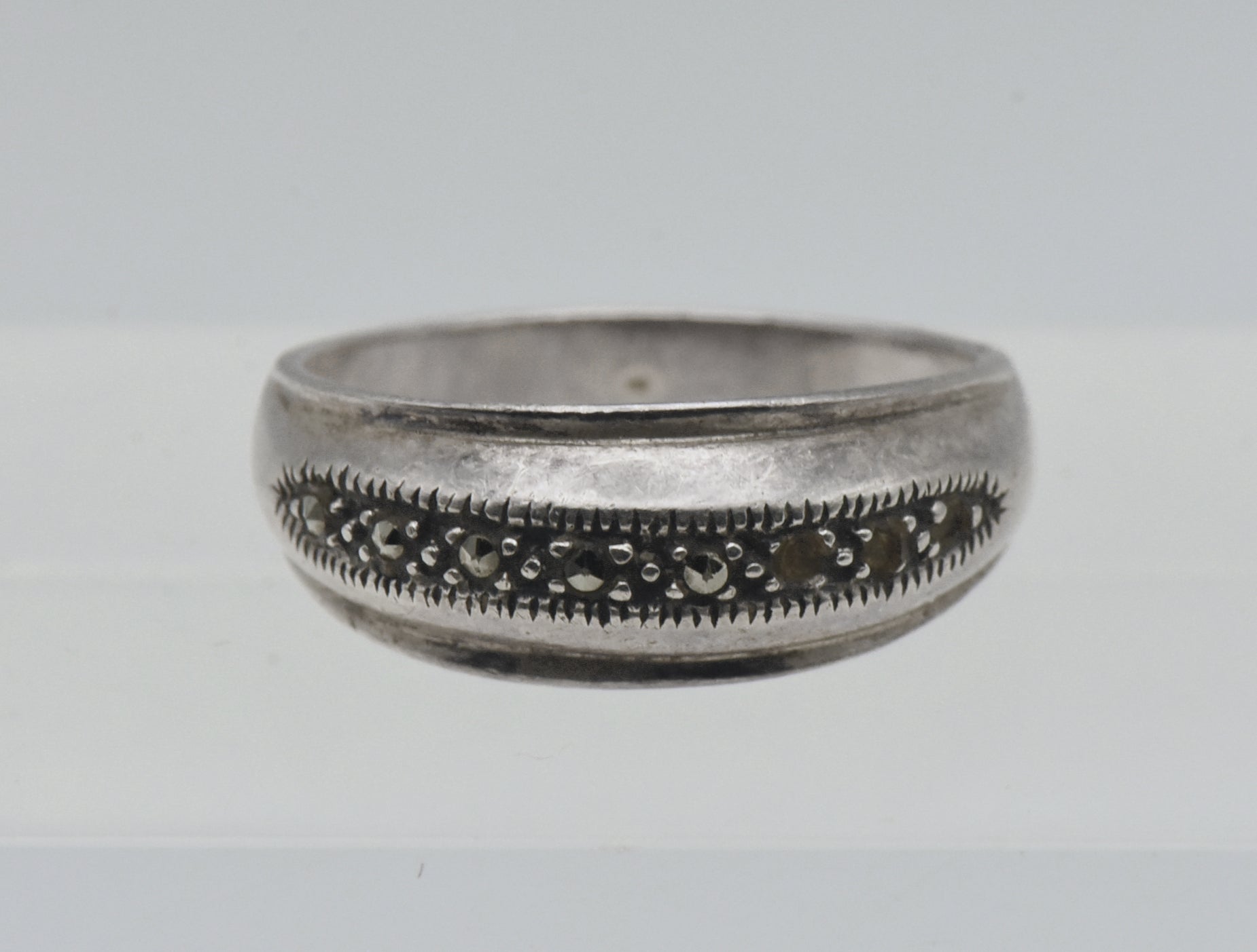 Vintage Sterling Silver Marcasite Domed Band - Size 10