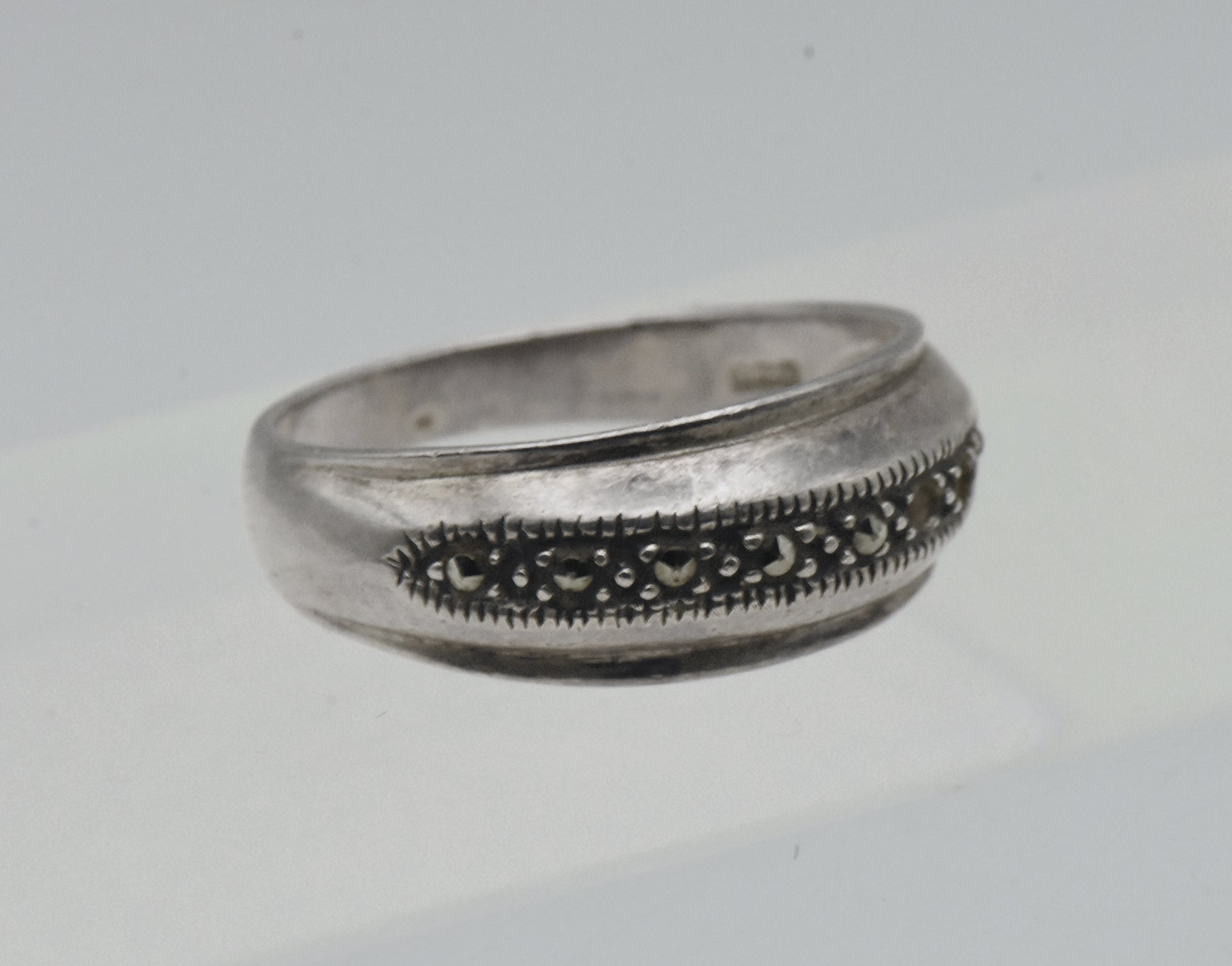 Vintage Sterling Silver Marcasite Domed Band - Size 10