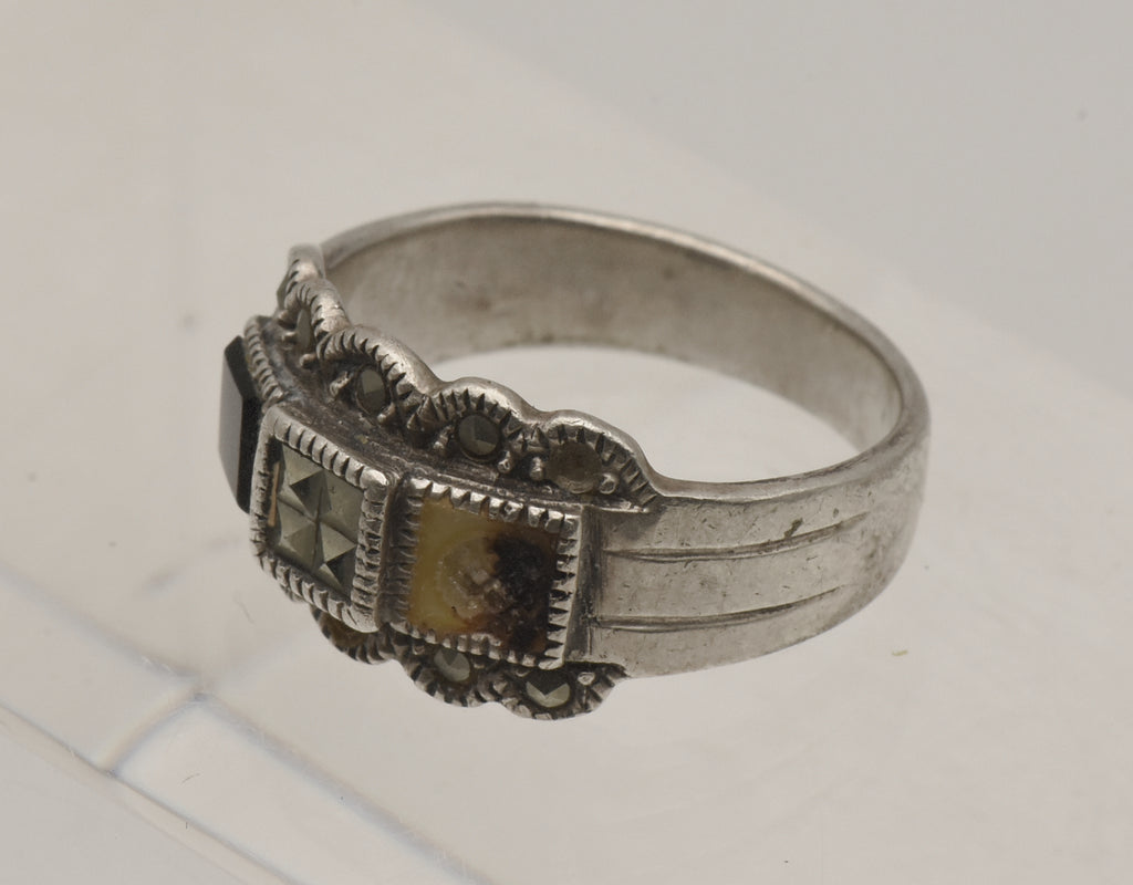 Vintage Art Deco Sterling Silver Black Onyx and Marcasite Ring - Size 8.5 - MISSING STONE