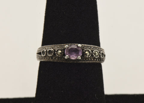 Vintage Amethyst and Marcasite Sterling Silver Ring - Size 7