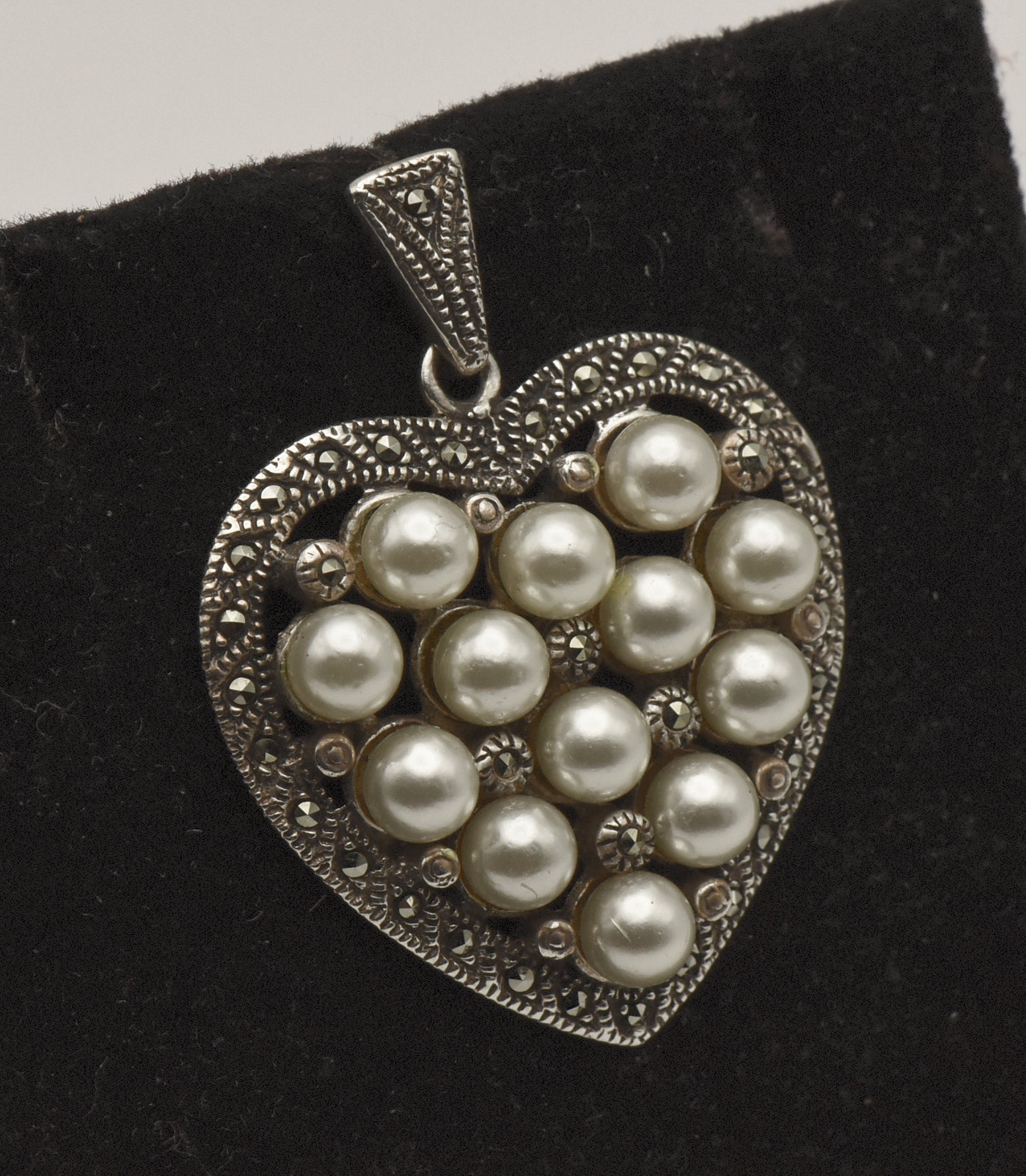 Vintage Sterling Silver Marcasite and Faux Pearl Heart Pendant