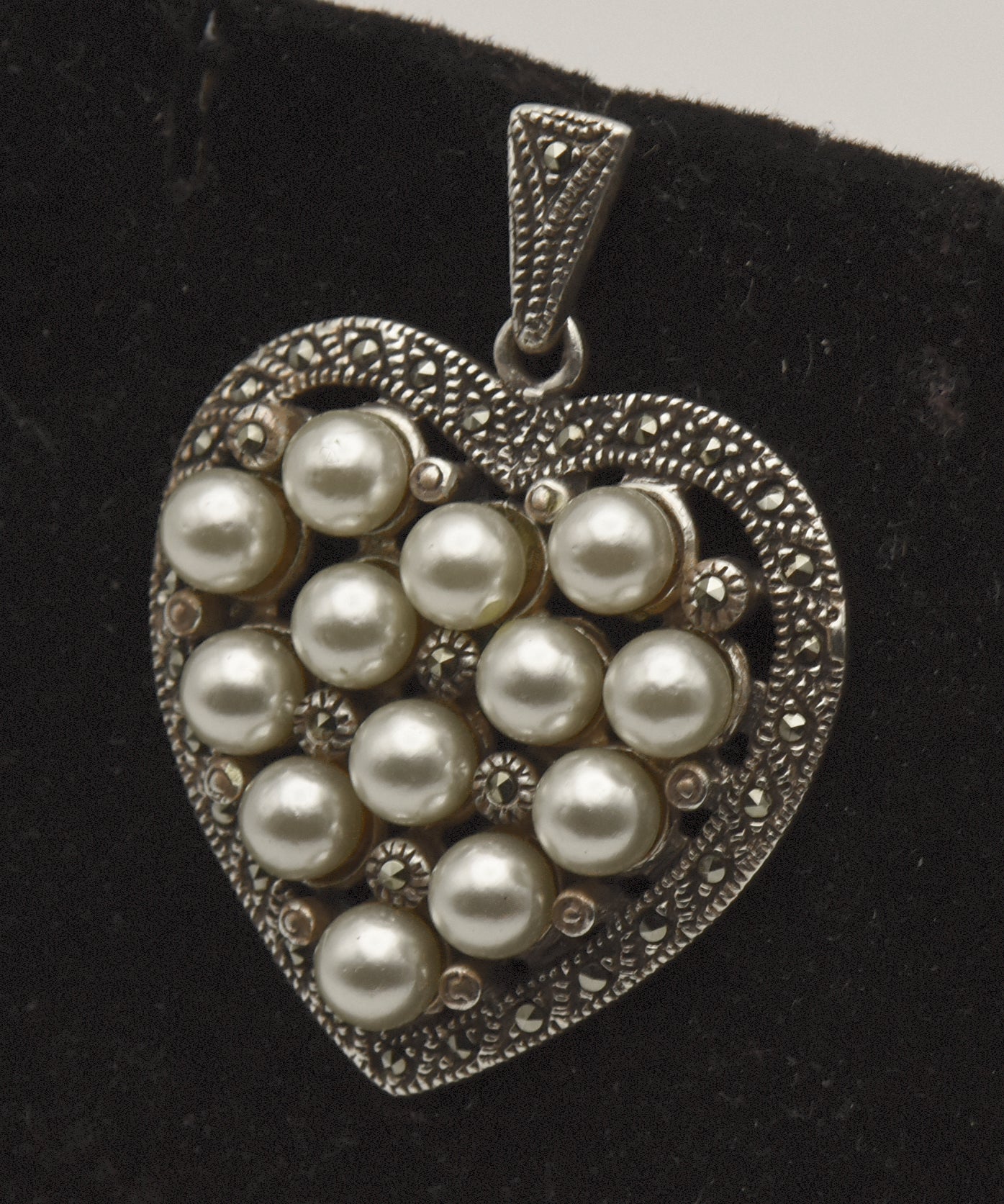 Vintage Sterling Silver Marcasite and Faux Pearl Heart Pendant
