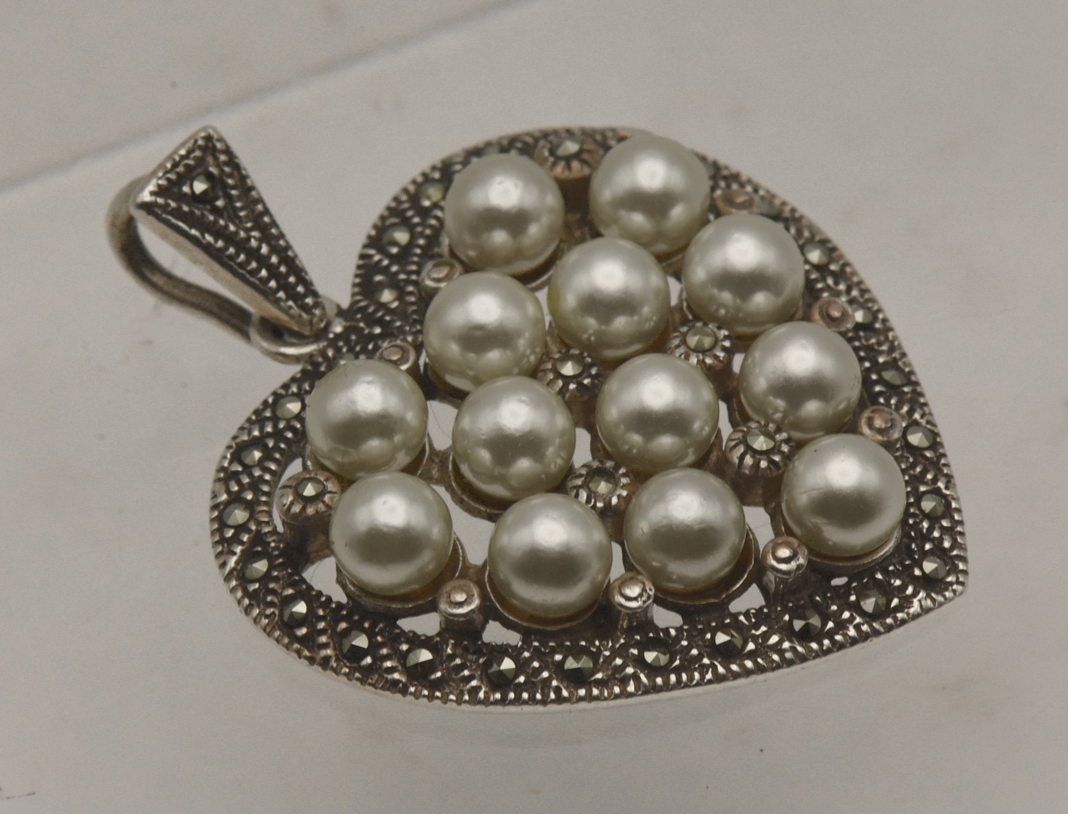 Vintage Sterling Silver Marcasite and Faux Pearl Heart Pendant