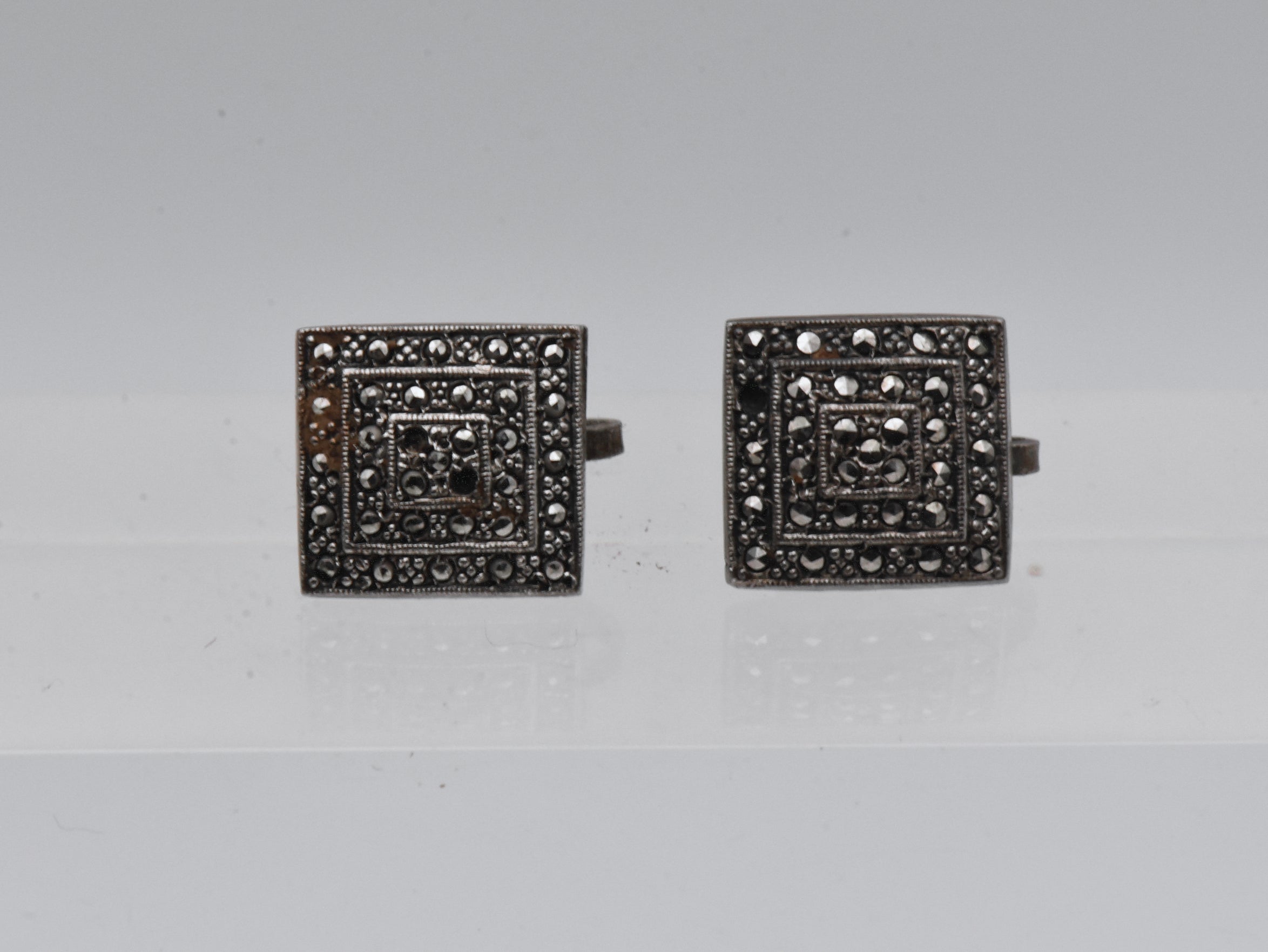 Vintage Sterling Silver Marcasite Screw Back Earrings - Missing Stones