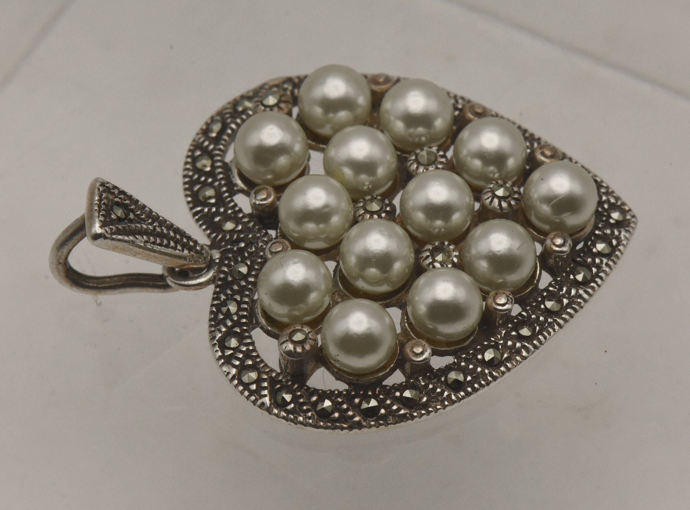 Vintage Sterling Silver Marcasite and Faux Pearl Heart Pendant