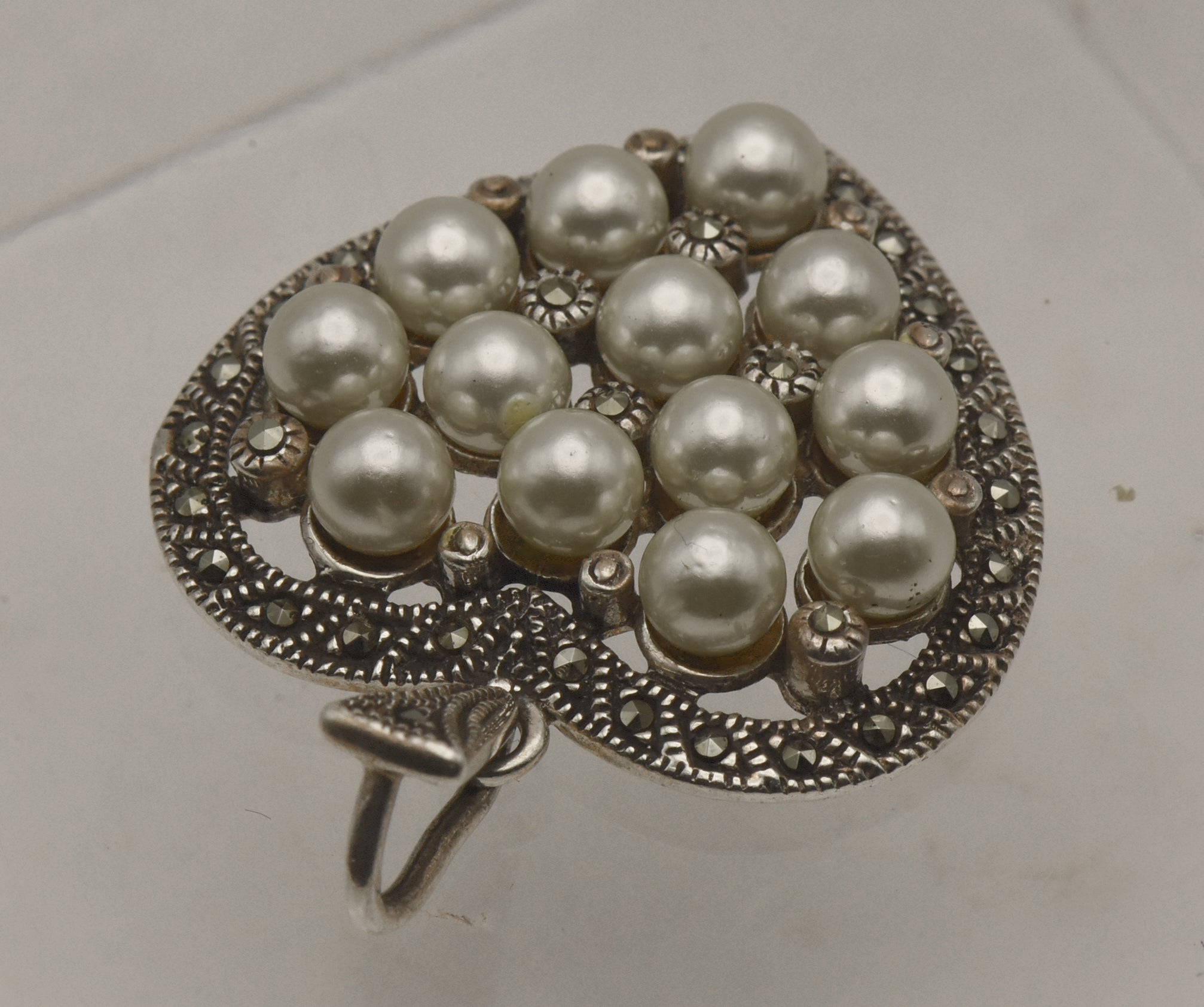 Vintage Sterling Silver Marcasite and Faux Pearl Heart Pendant