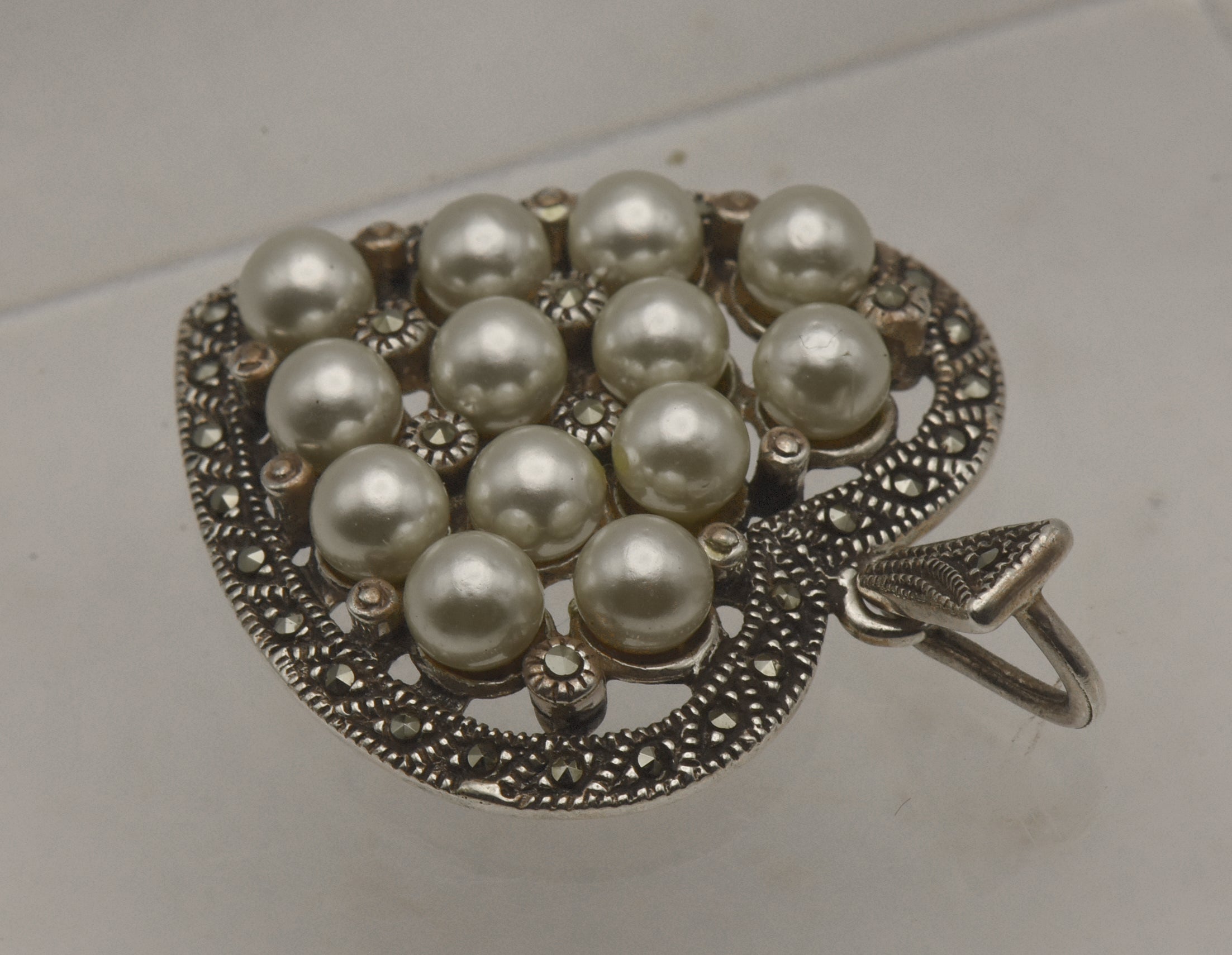 Vintage Sterling Silver Marcasite and Faux Pearl Heart Pendant