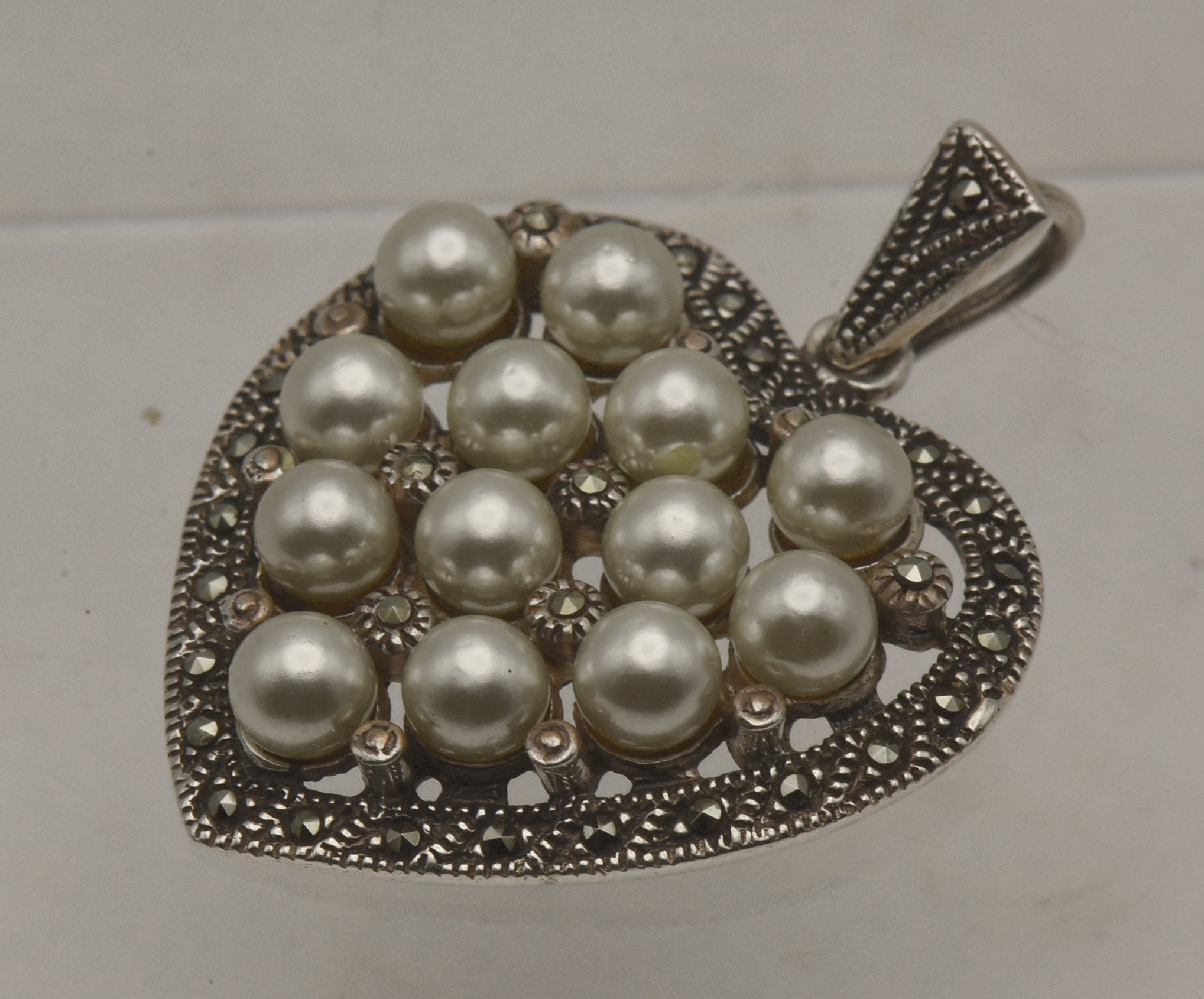 Vintage Sterling Silver Marcasite and Faux Pearl Heart Pendant
