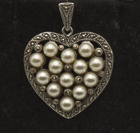 Vintage Sterling Silver Marcasite and Faux Pearl Heart Pendant