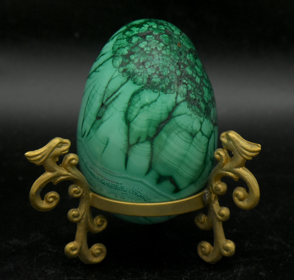 Malachite Carved Egg with Brass Stand