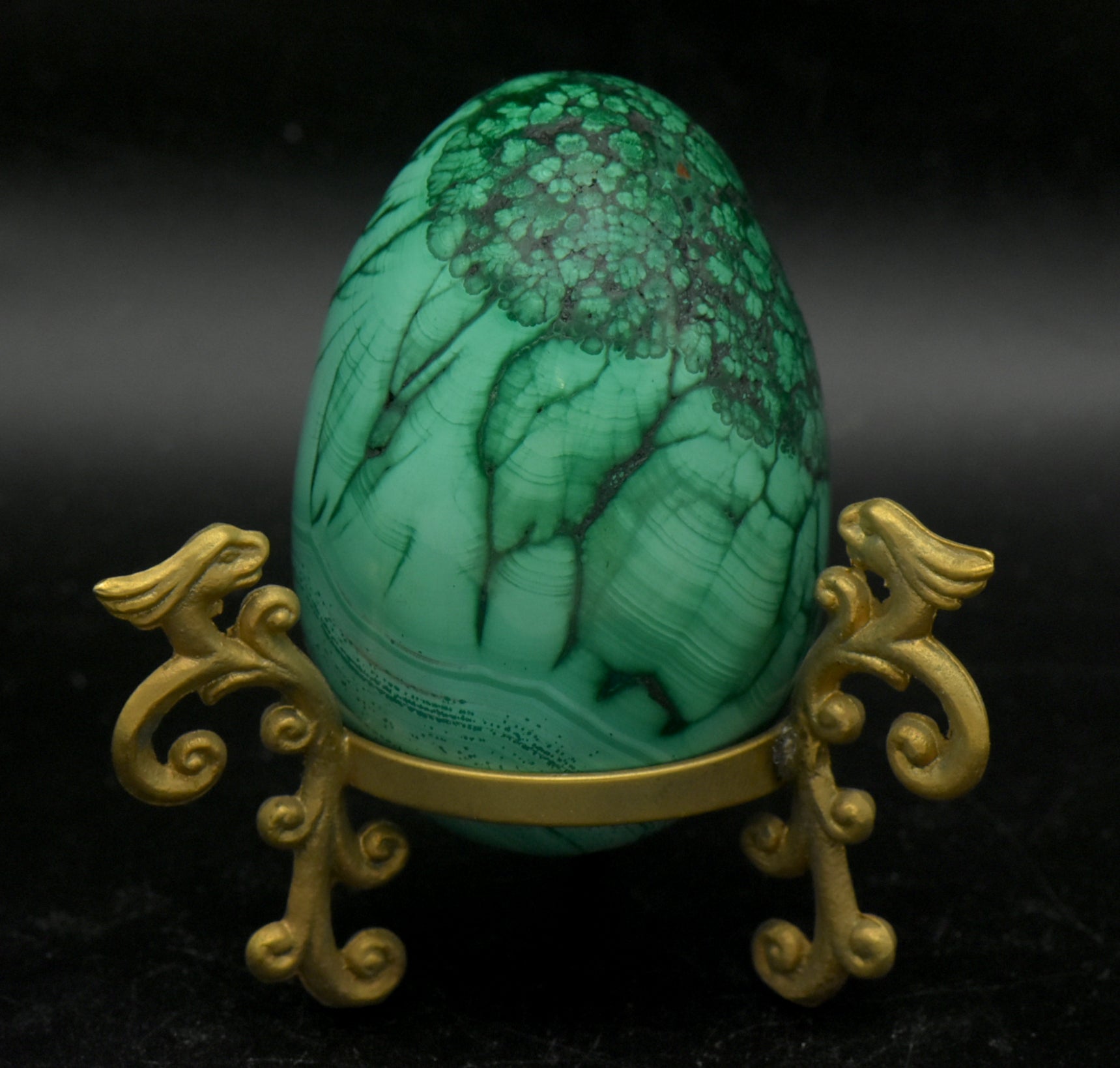 Malachite Carved Egg with Brass Stand