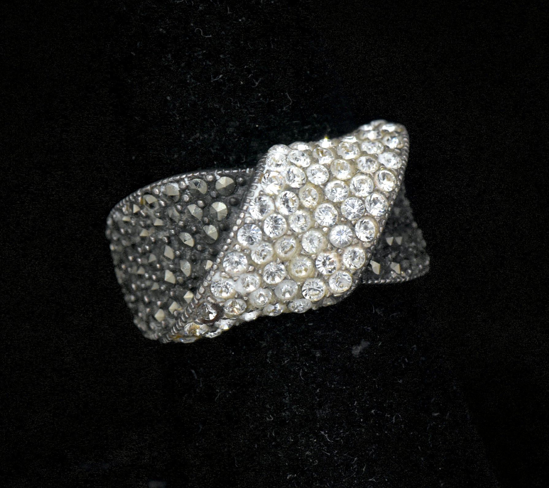 Vintage Sterling Silver Marcasite and Crystal Ring - Size 7