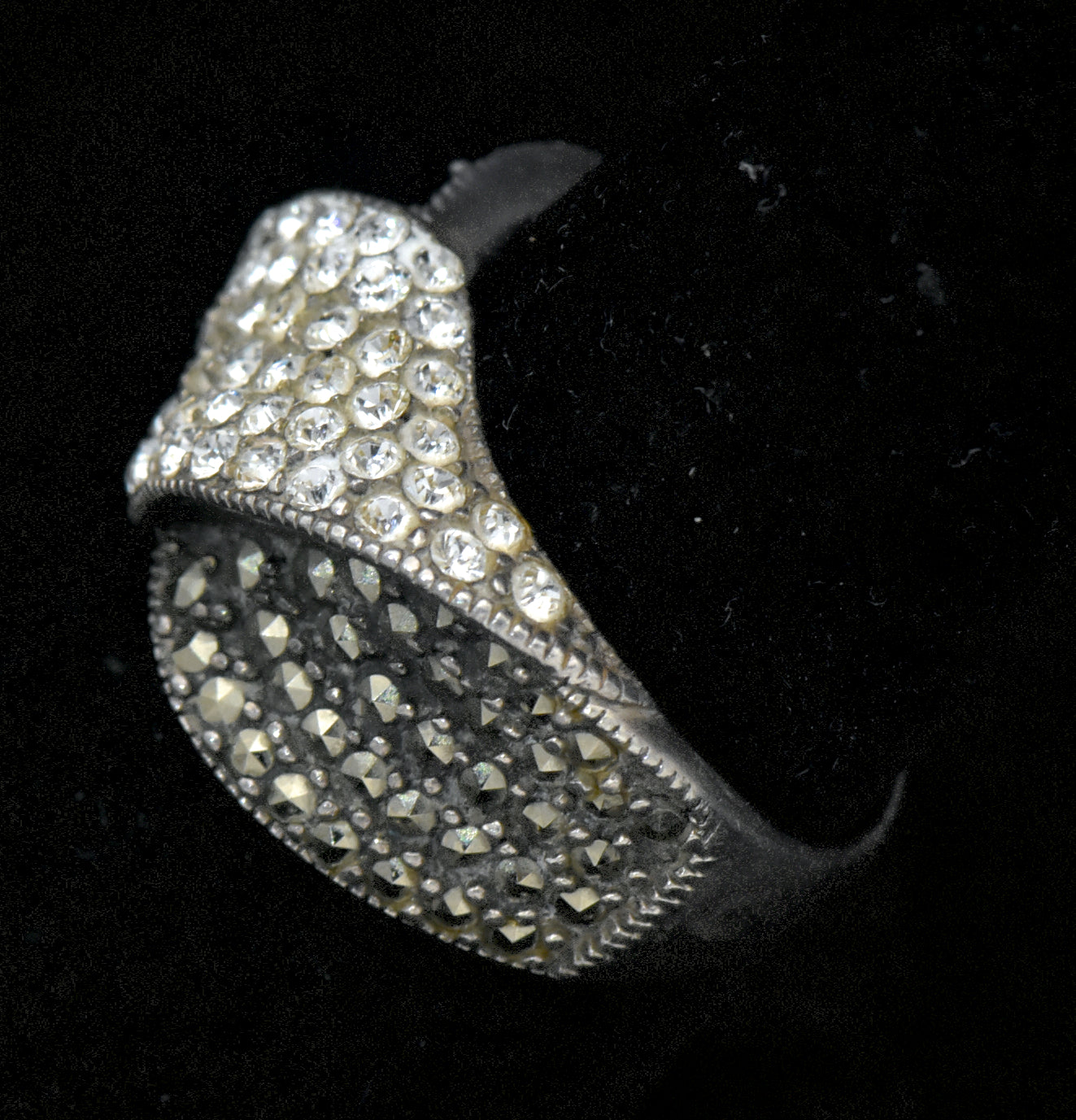 Vintage Sterling Silver Marcasite and Crystal Ring - Size 7