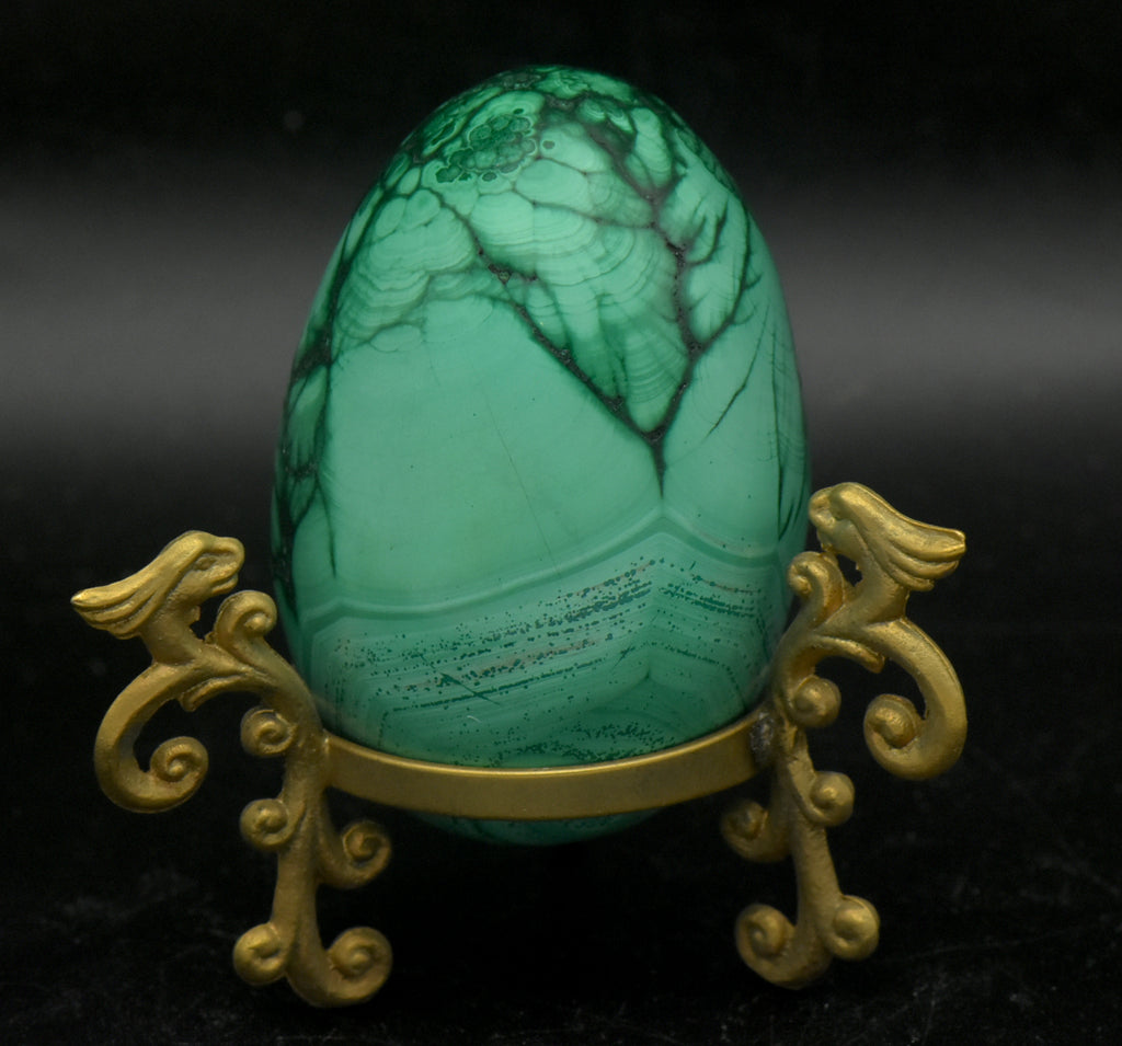 Malachite Carved Egg with Brass Stand