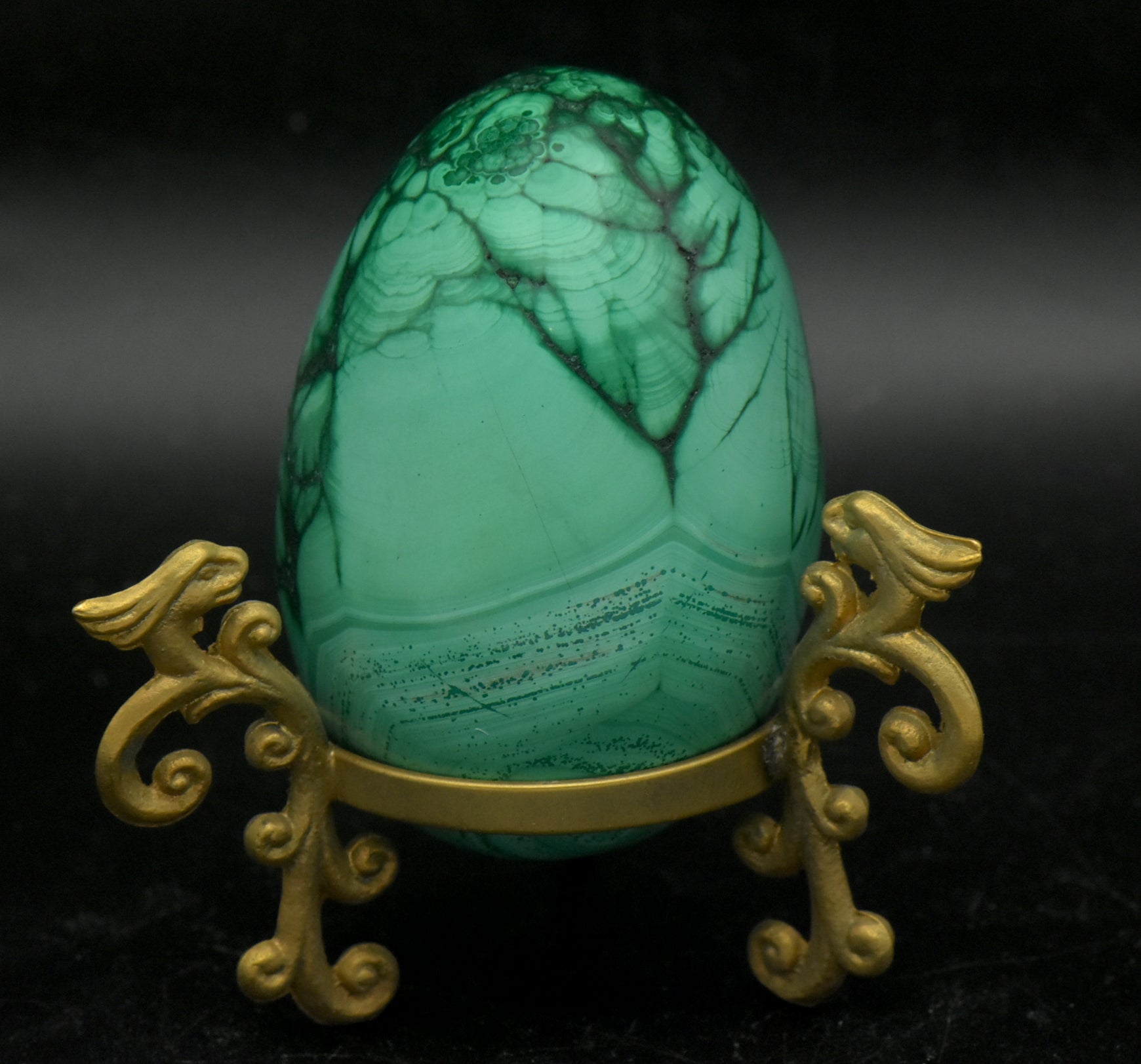Malachite Carved Egg with Brass Stand