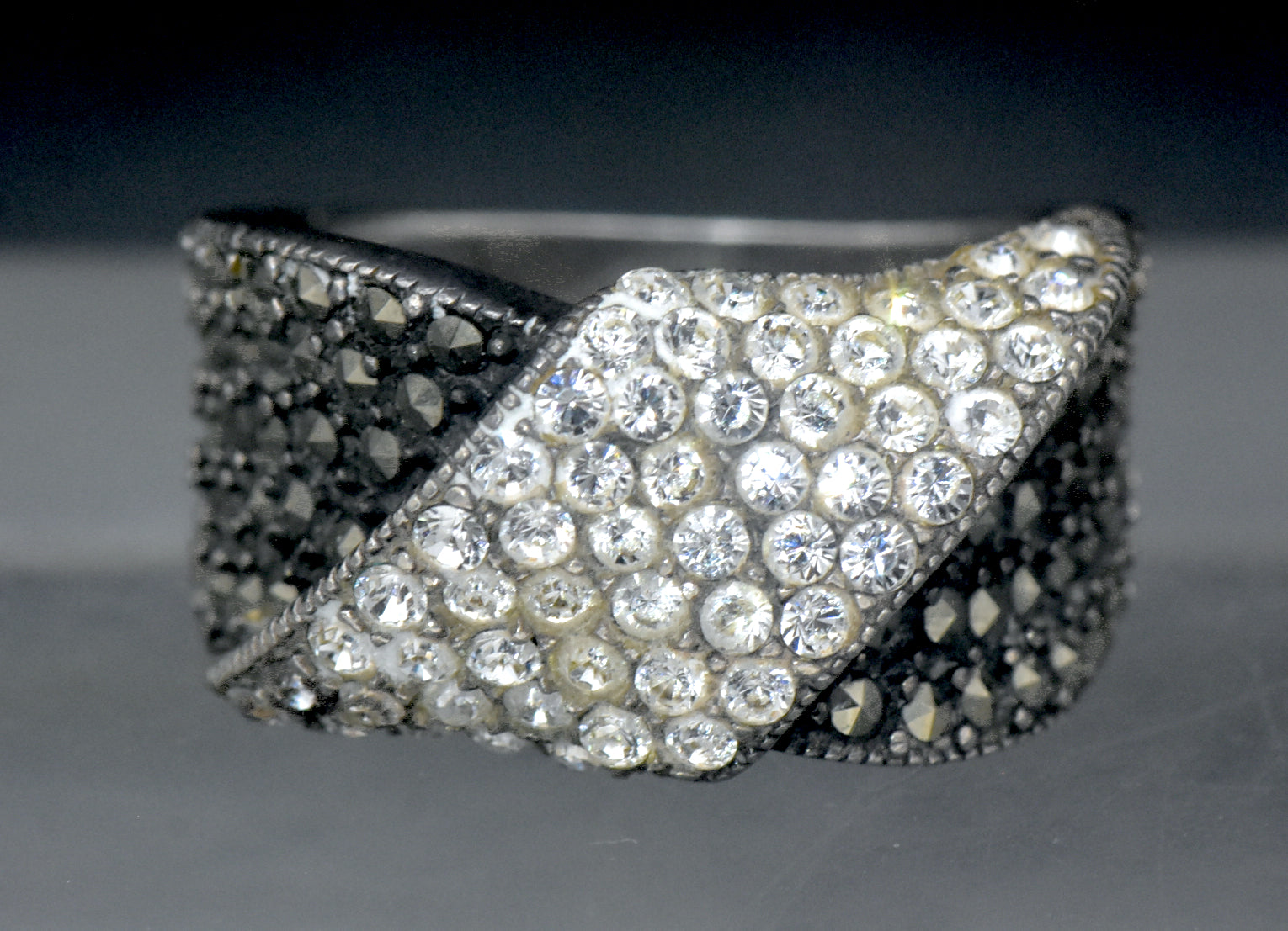 Vintage Sterling Silver Marcasite and Crystal Ring - Size 7