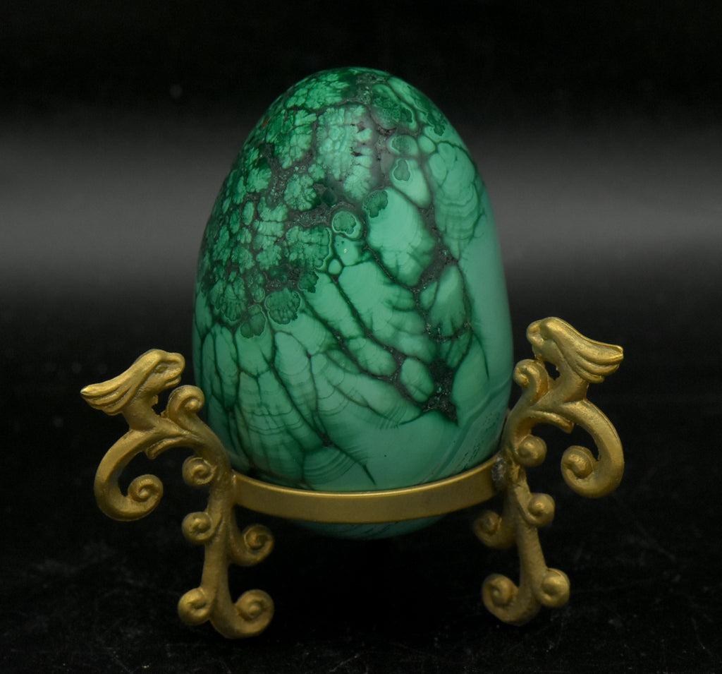Malachite Carved Egg with Brass Stand