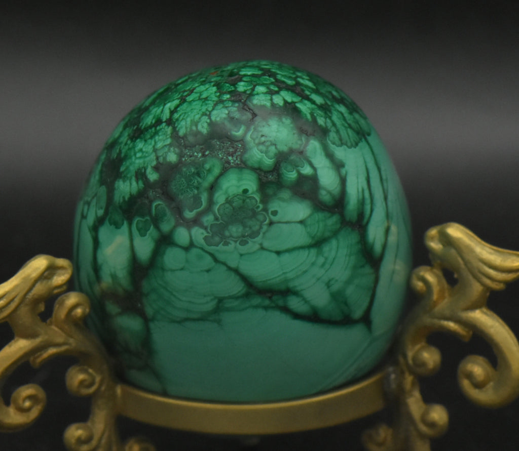 Malachite Carved Egg with Brass Stand