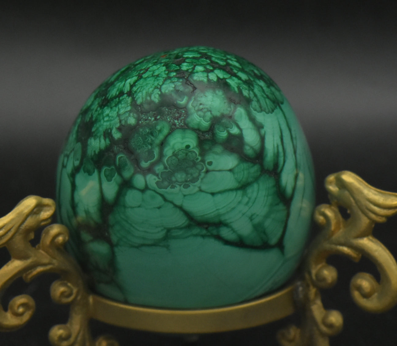 Malachite Carved Egg with Brass Stand