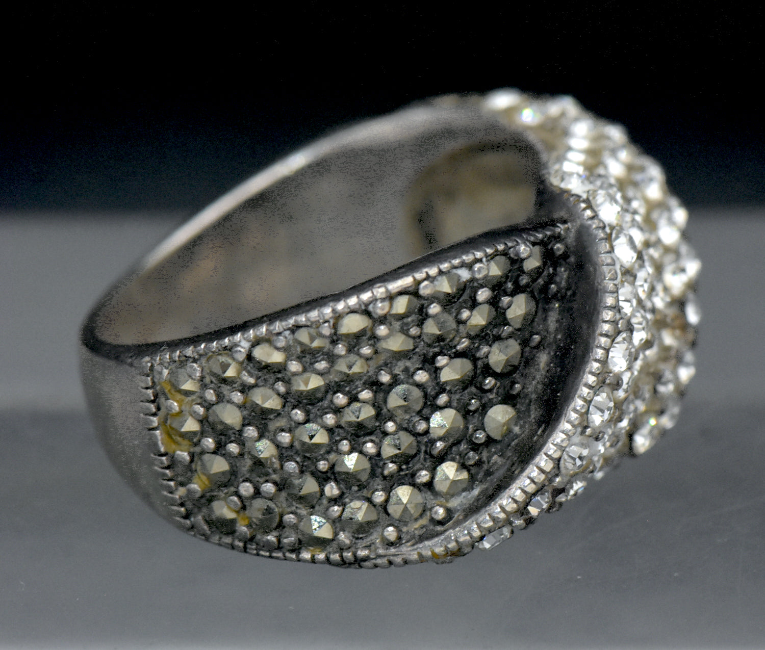 Vintage Sterling Silver Marcasite and Crystal Ring - Size 7