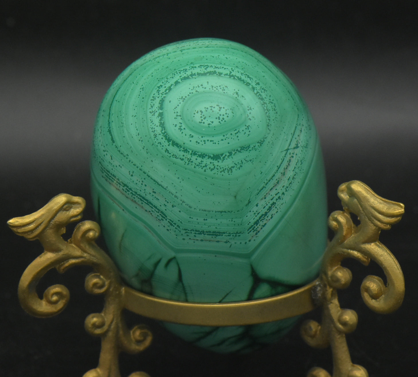 Malachite Carved Egg with Brass Stand