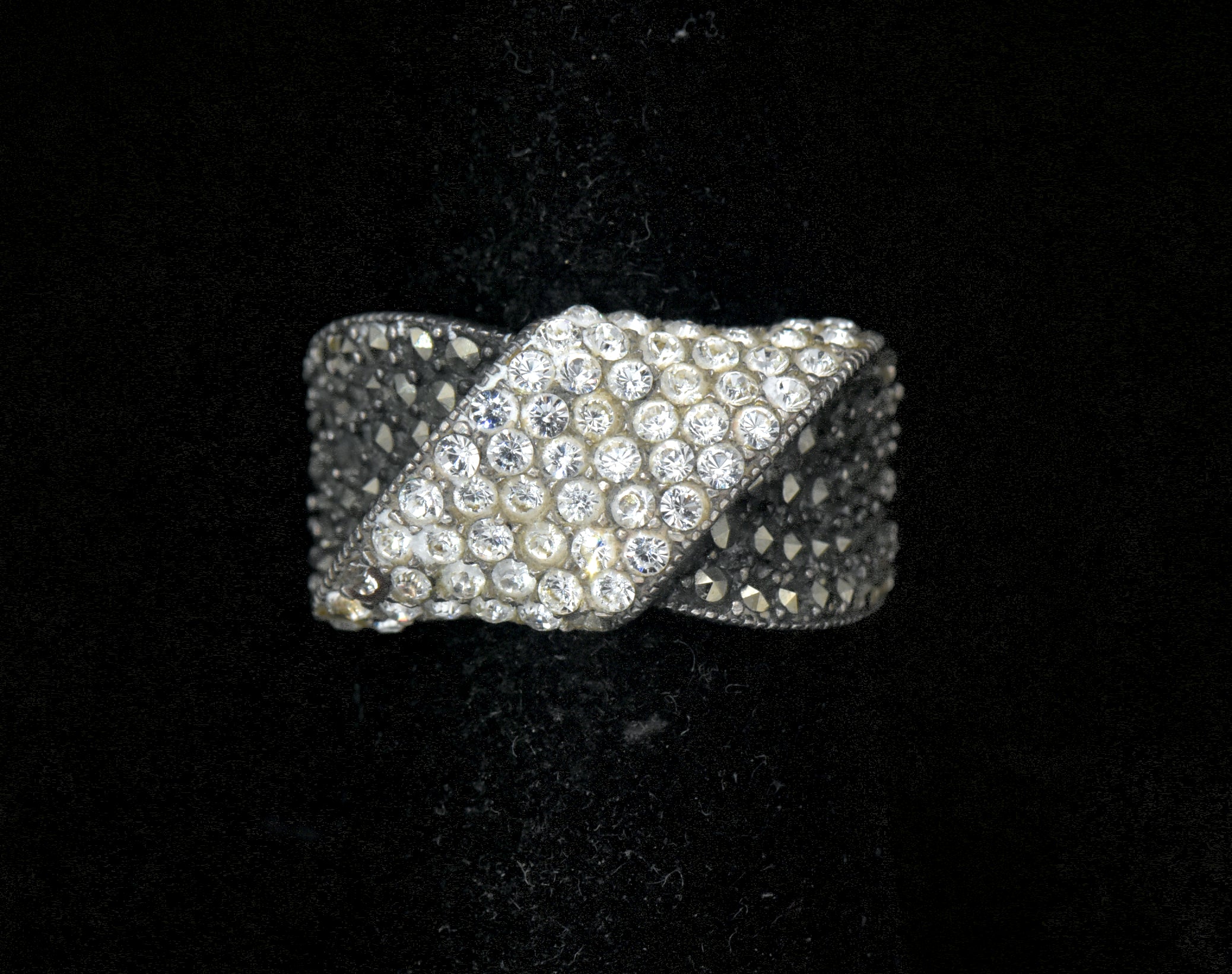 Vintage Sterling Silver Marcasite and Crystal Ring - Size 7