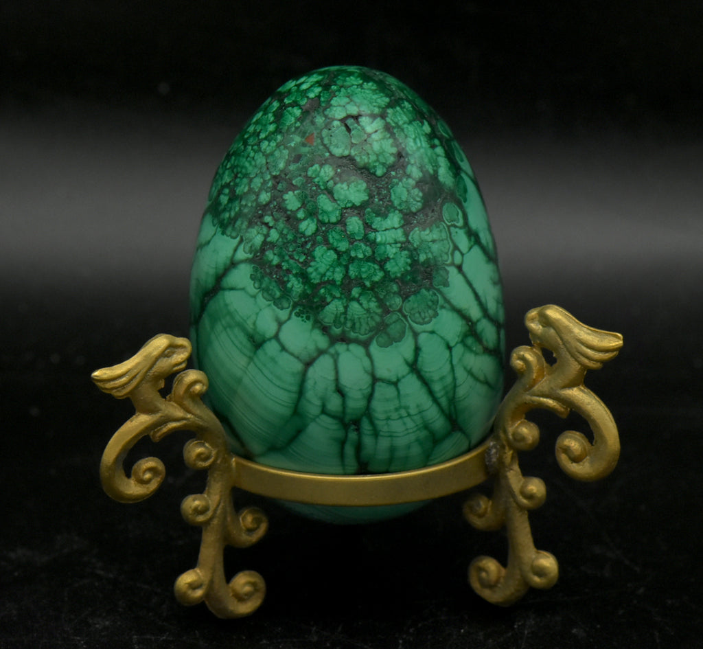 Malachite Carved Egg with Brass Stand