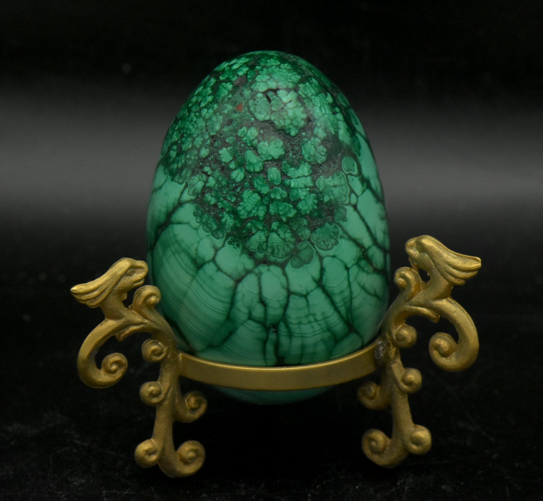 Malachite Carved Egg with Brass Stand