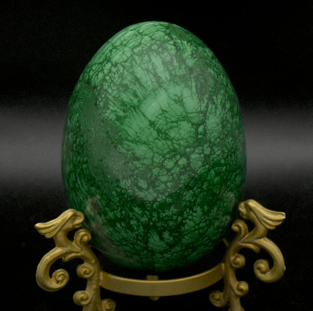 Malachite Carved Egg with Brass Stand