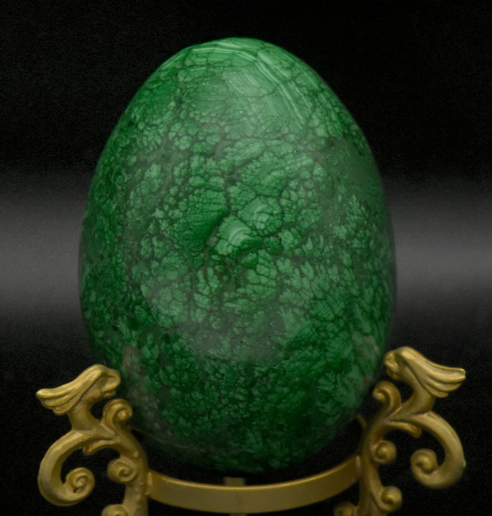 Malachite Carved Egg with Brass Stand