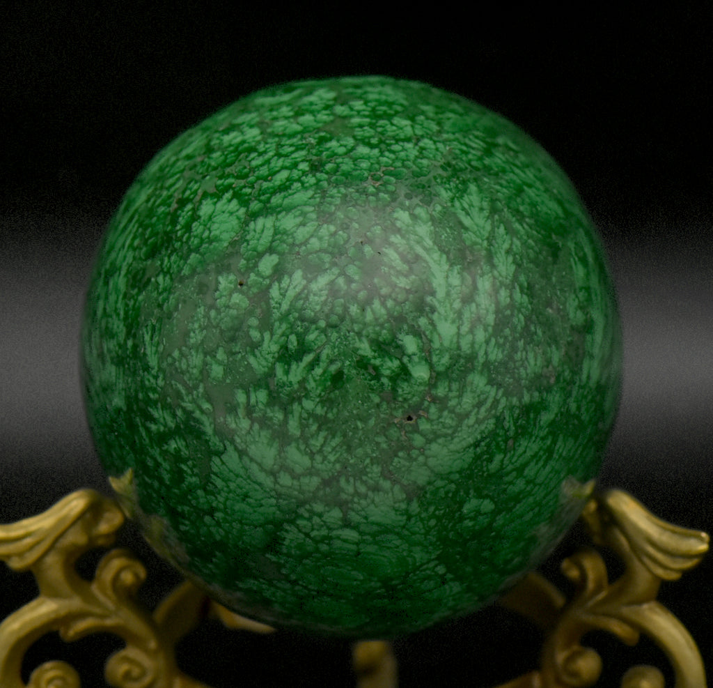Malachite Carved Egg with Brass Stand
