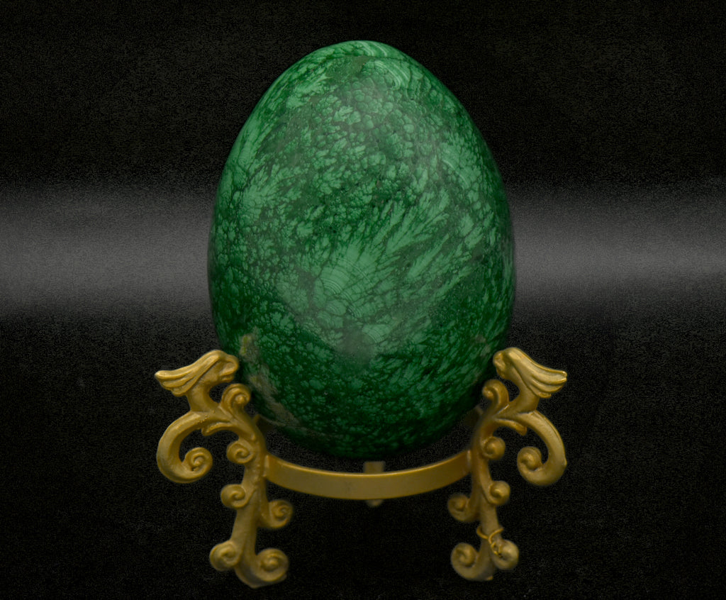 Malachite Carved Egg with Brass Stand