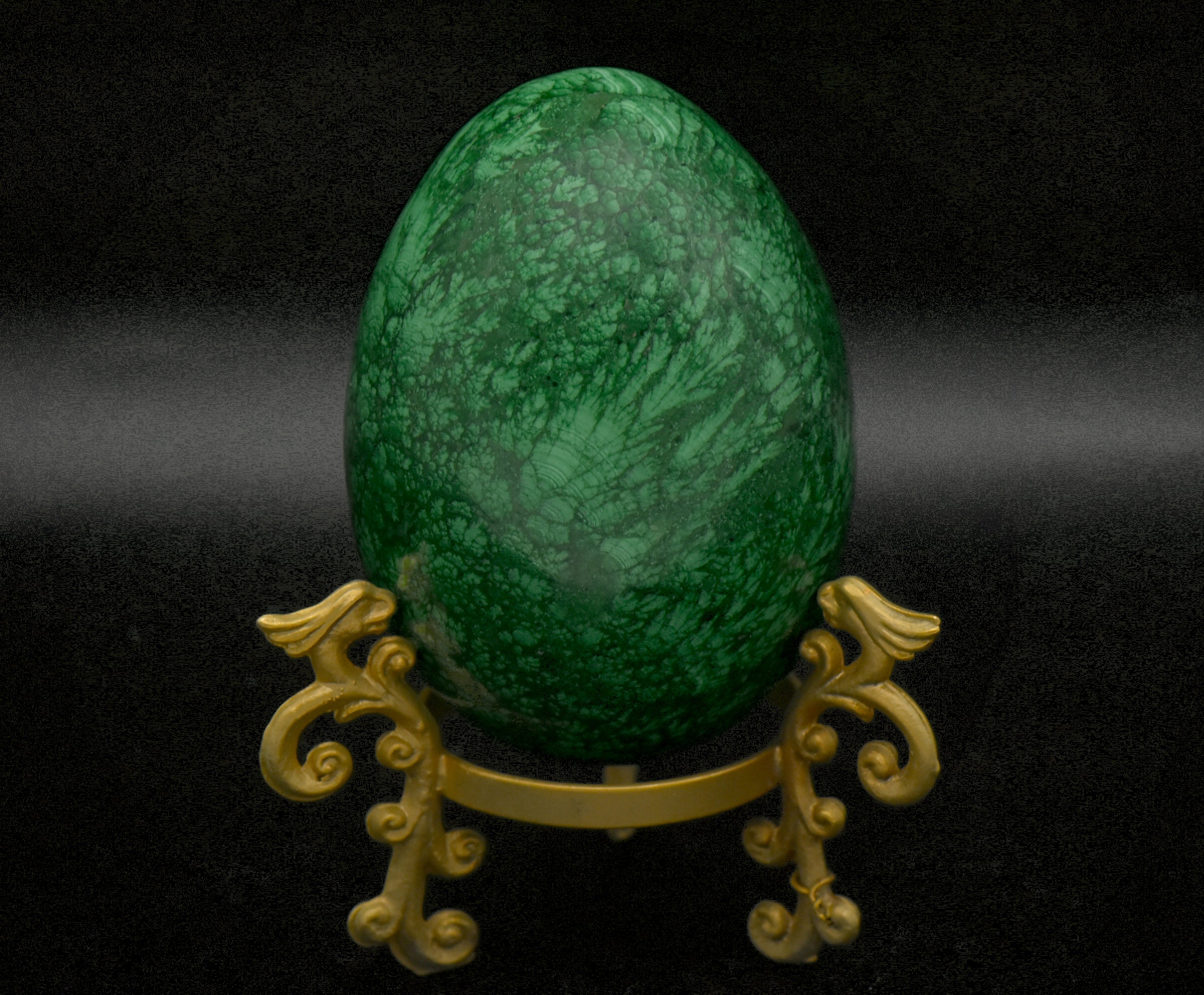 Malachite Carved Egg with Brass Stand