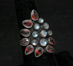 Vintage Handmade Rainbow Moonstone and Garnet Sterling Silver Ring - Size 5.75