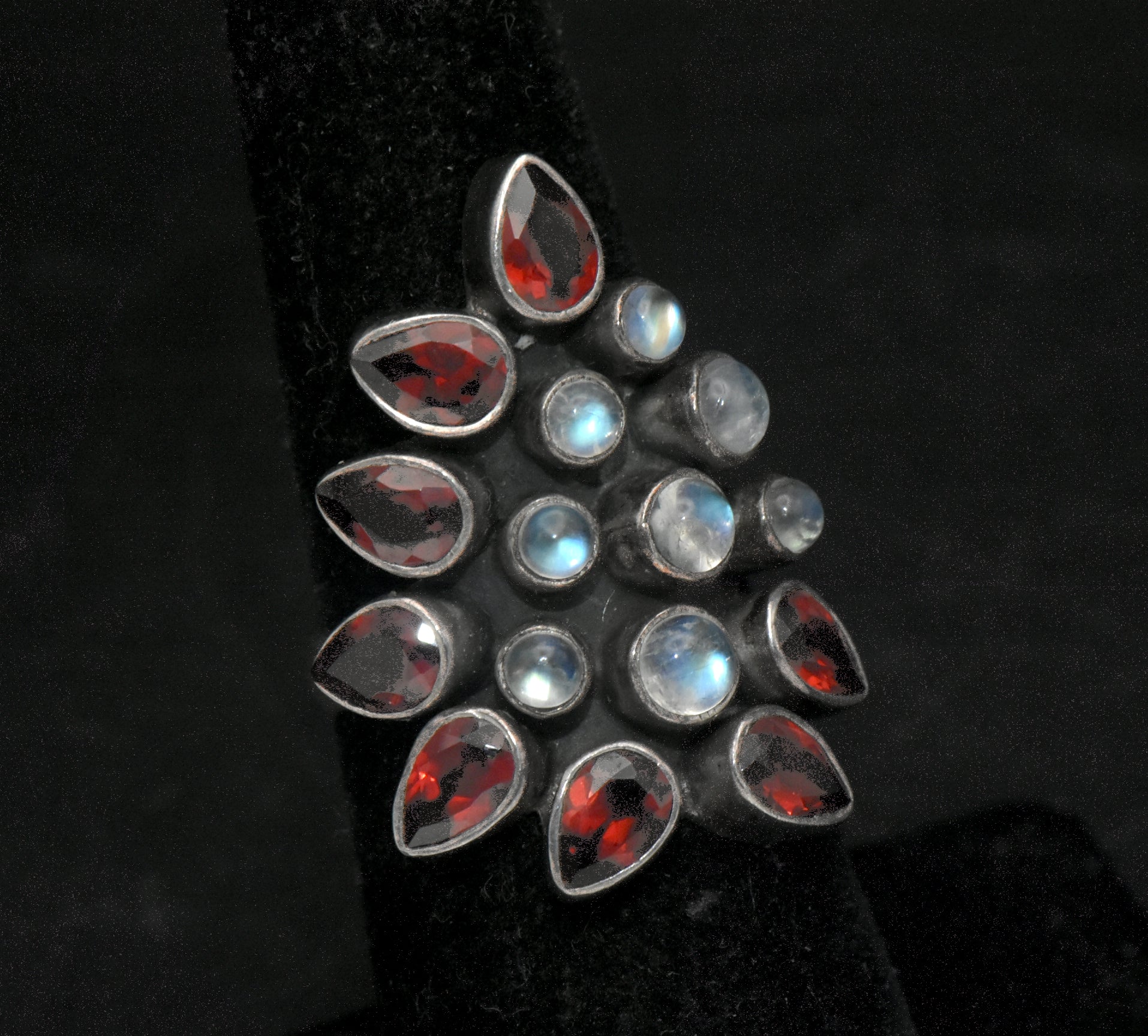 Vintage Handmade Rainbow Moonstone and Garnet Sterling Silver Ring - Size 5.75