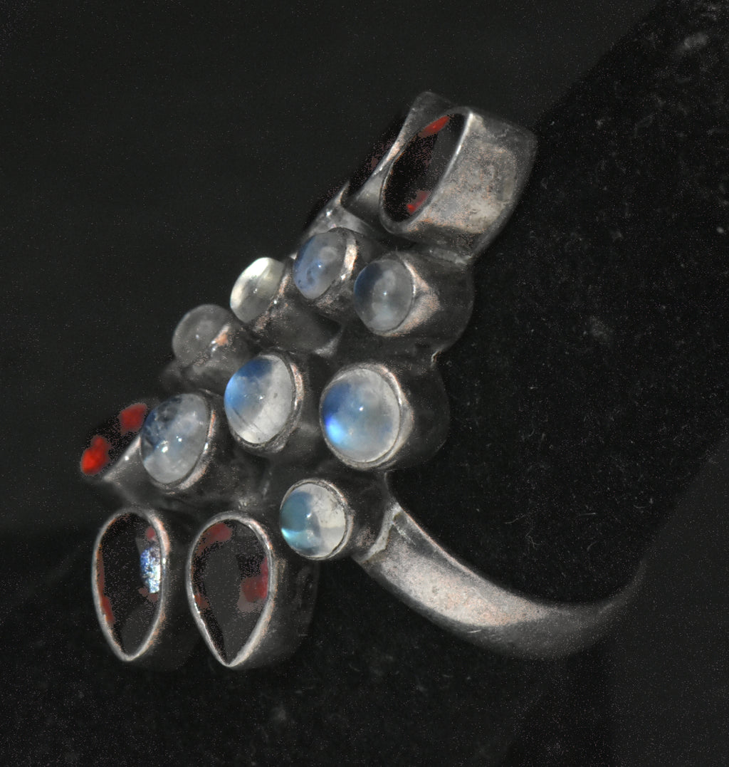 Vintage Handmade Rainbow Moonstone and Garnet Sterling Silver Ring - Size 5.75