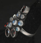 Vintage Handmade Rainbow Moonstone and Garnet Sterling Silver Ring - Size 5.75