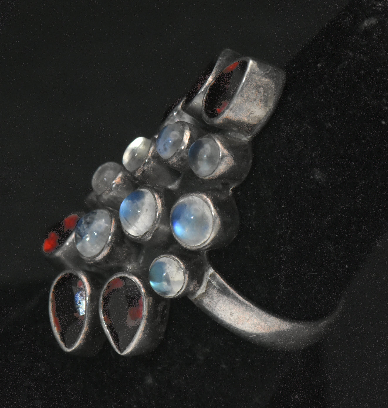 Vintage Handmade Rainbow Moonstone and Garnet Sterling Silver Ring - Size 5.75