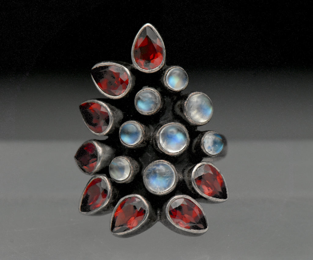 Vintage Handmade Rainbow Moonstone and Garnet Sterling Silver Ring - Size 5.75