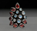 Vintage Handmade Rainbow Moonstone and Garnet Sterling Silver Ring - Size 5.75
