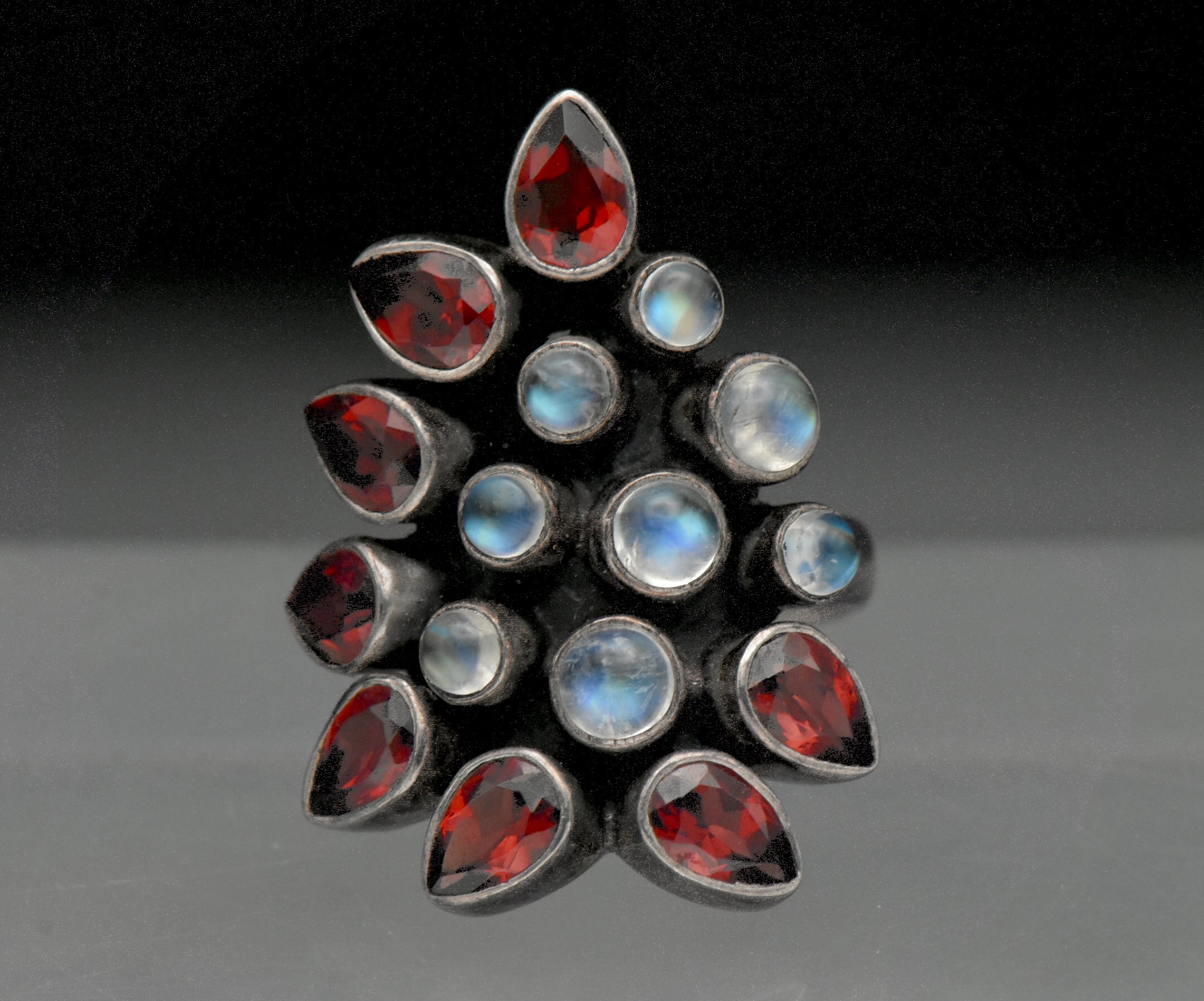 Vintage Handmade Rainbow Moonstone and Garnet Sterling Silver Ring - Size 5.75
