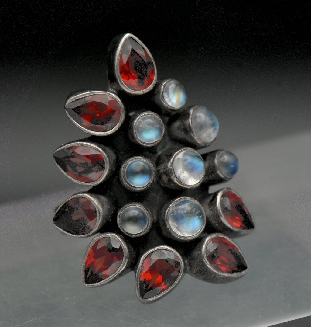 Vintage Handmade Rainbow Moonstone and Garnet Sterling Silver Ring - Size 5.75