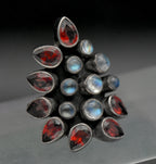 Vintage Handmade Rainbow Moonstone and Garnet Sterling Silver Ring - Size 5.75