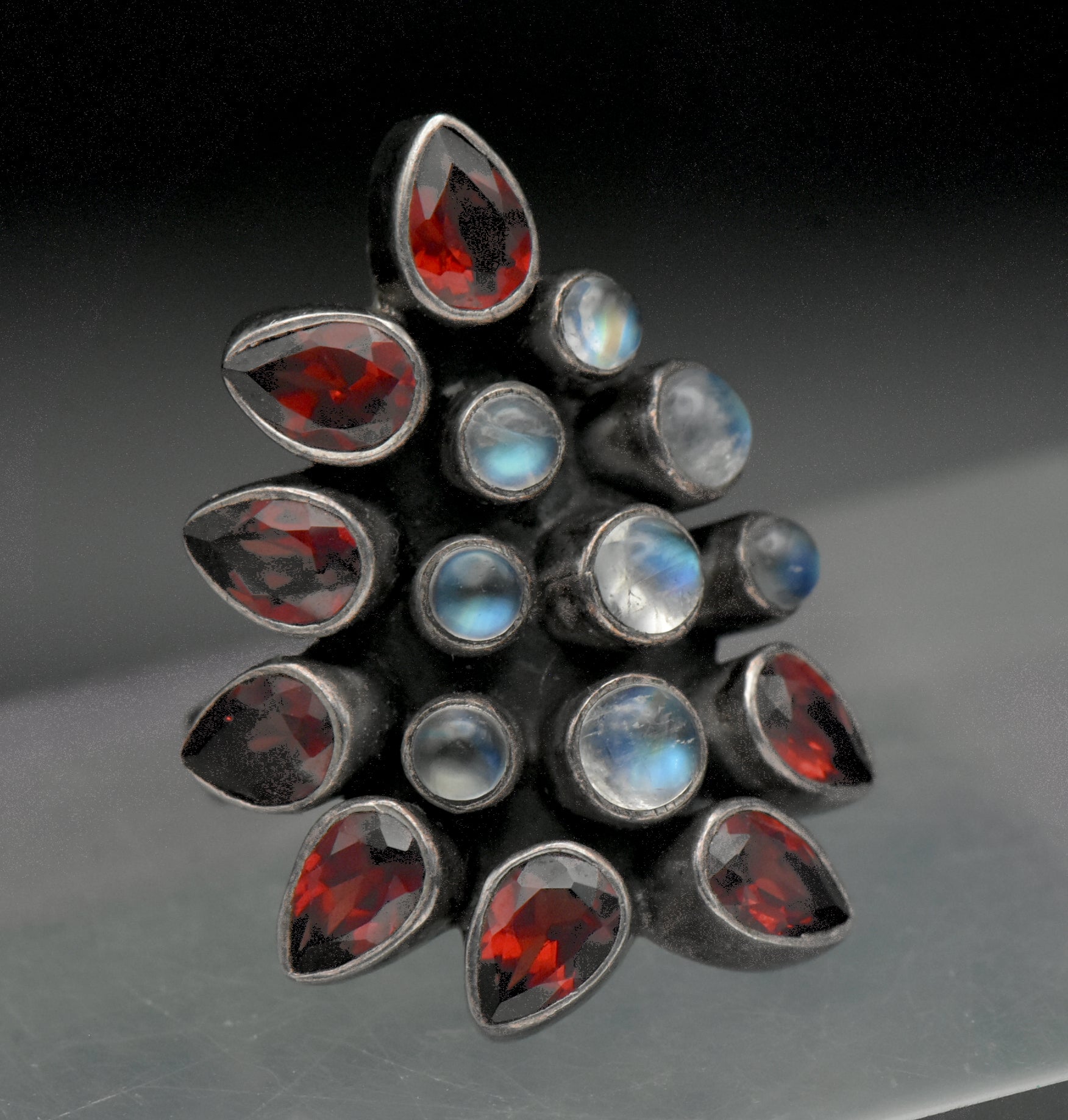 Vintage Handmade Rainbow Moonstone and Garnet Sterling Silver Ring - Size 5.75