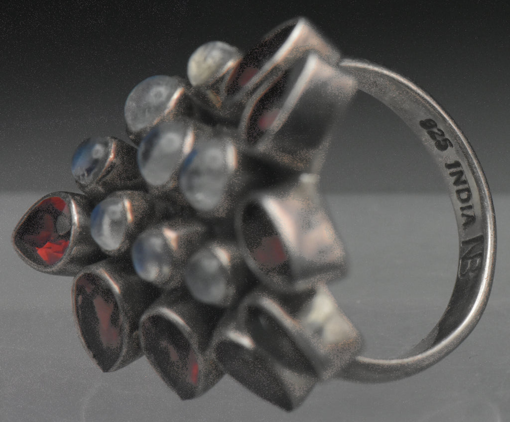Vintage Handmade Rainbow Moonstone and Garnet Sterling Silver Ring - Size 5.75