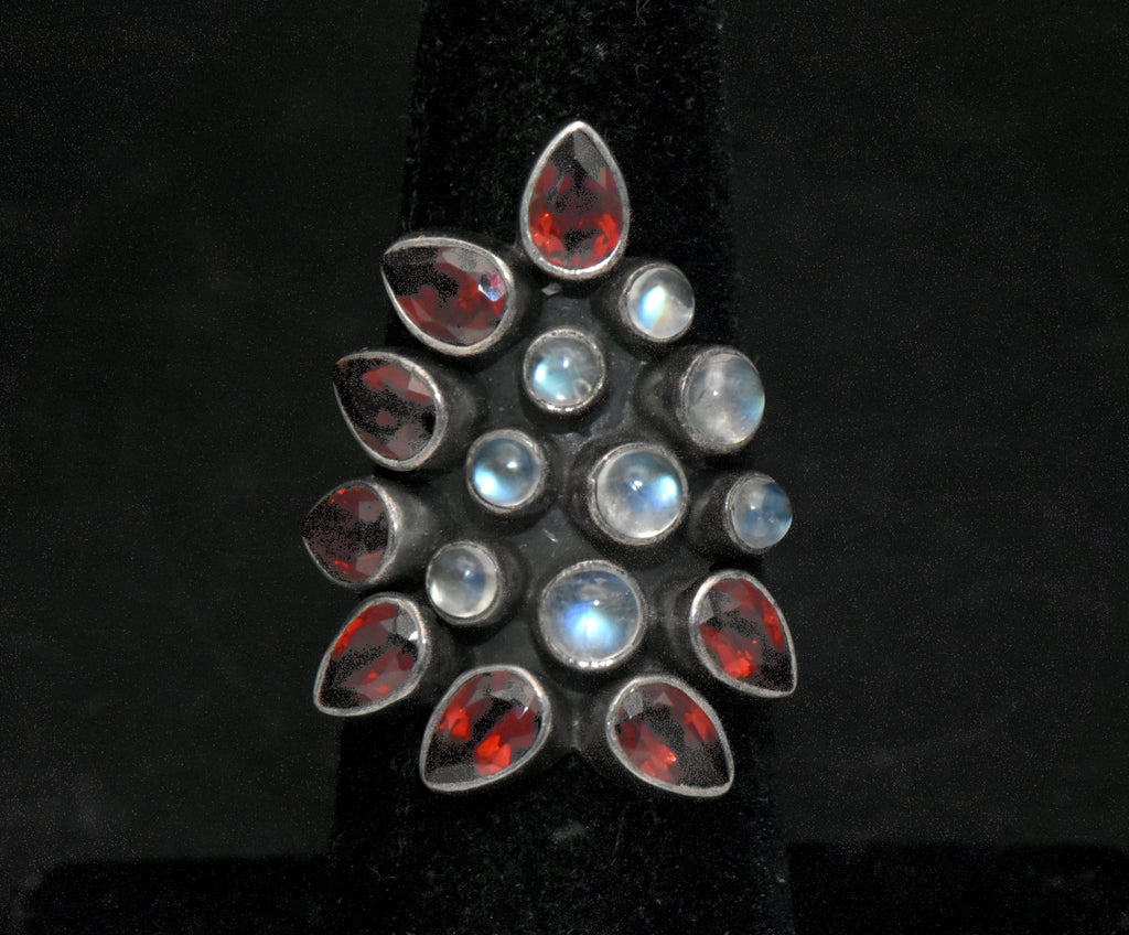 Vintage Handmade Rainbow Moonstone and Garnet Sterling Silver Ring - Size 5.75